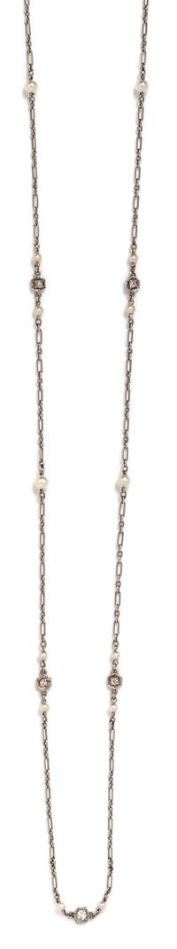 A Platinum, Diamond and Seed Pearl Longchain Necklace, 4.70 dwts.