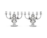 A Pair of Georg Jensen Designed Silver Five-Light Candelabra