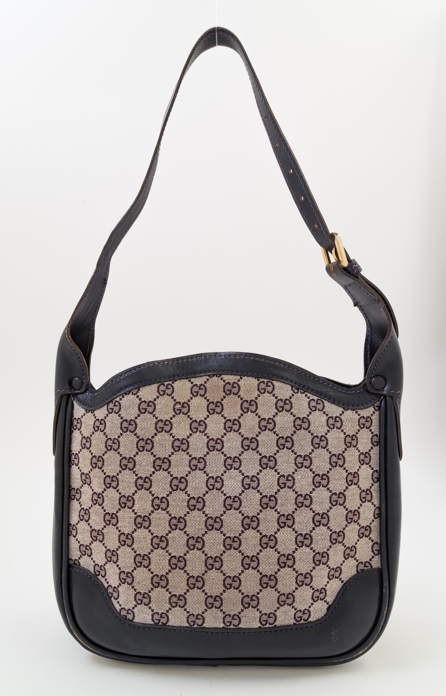 A Gucci Blue Monogram Shoulder Bag, 11" x 9.5" x 3"; Strap drop: 10".