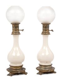 A Pair of French Opaline Glass Fluid Lamps with Etched Glass Shades Converted to Electricity