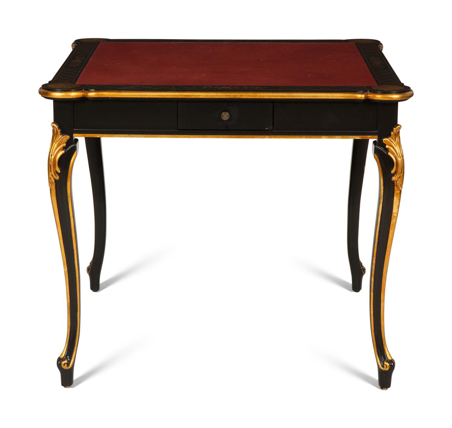 A Regency Style Black Lacquer and Parcel Gilt Card Table with Red Inset Leather Top