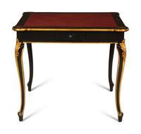 A Regency Style Black Lacquer and Parcel Gilt Card Table with Red Inset Leather Top