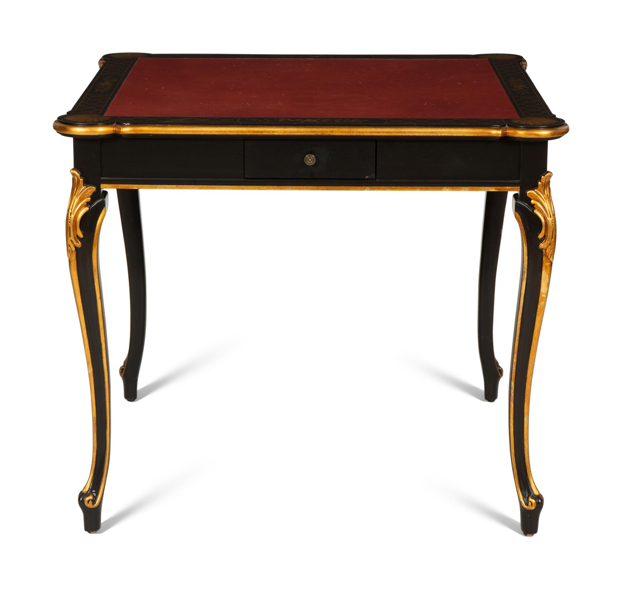 A Regency Style Black Lacquer and Parcel Gilt Card Table with Red Inset Leather Top