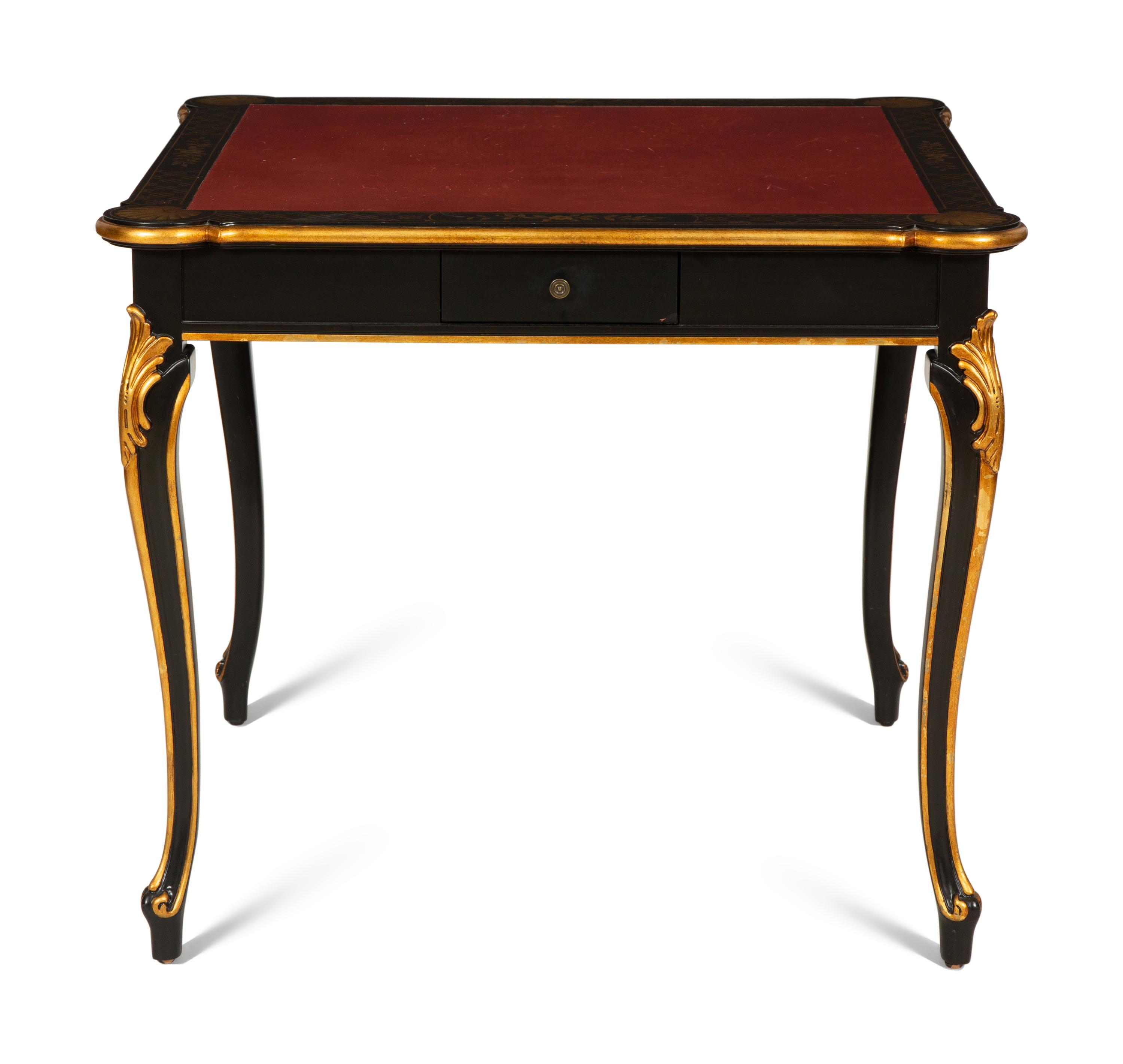 A Regency Style Black Lacquer and Parcel Gilt Card Table with Red Inset Leather Top
