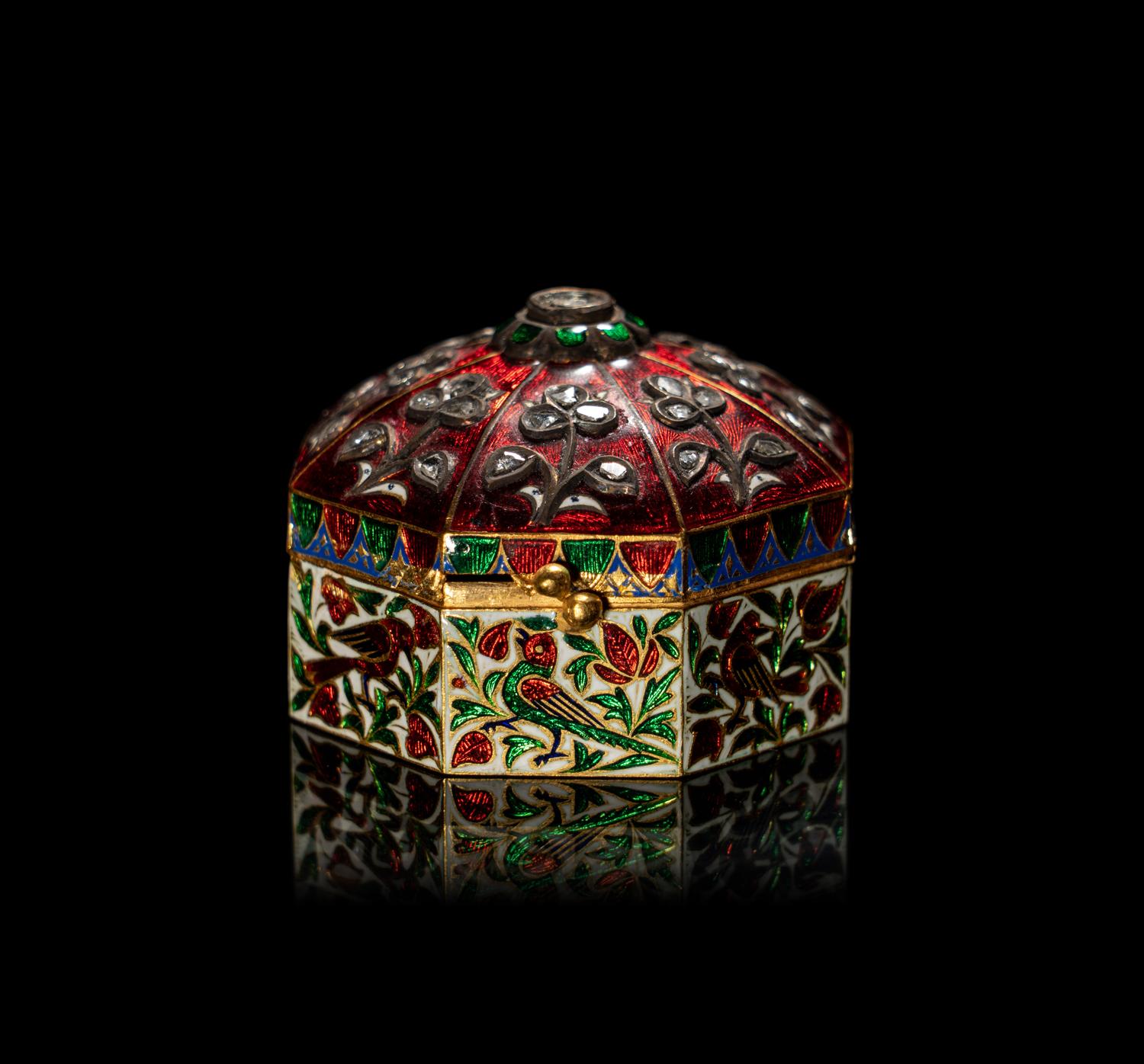 A Mughal Style Enameled Gold and Gem-Inset Snuff Box