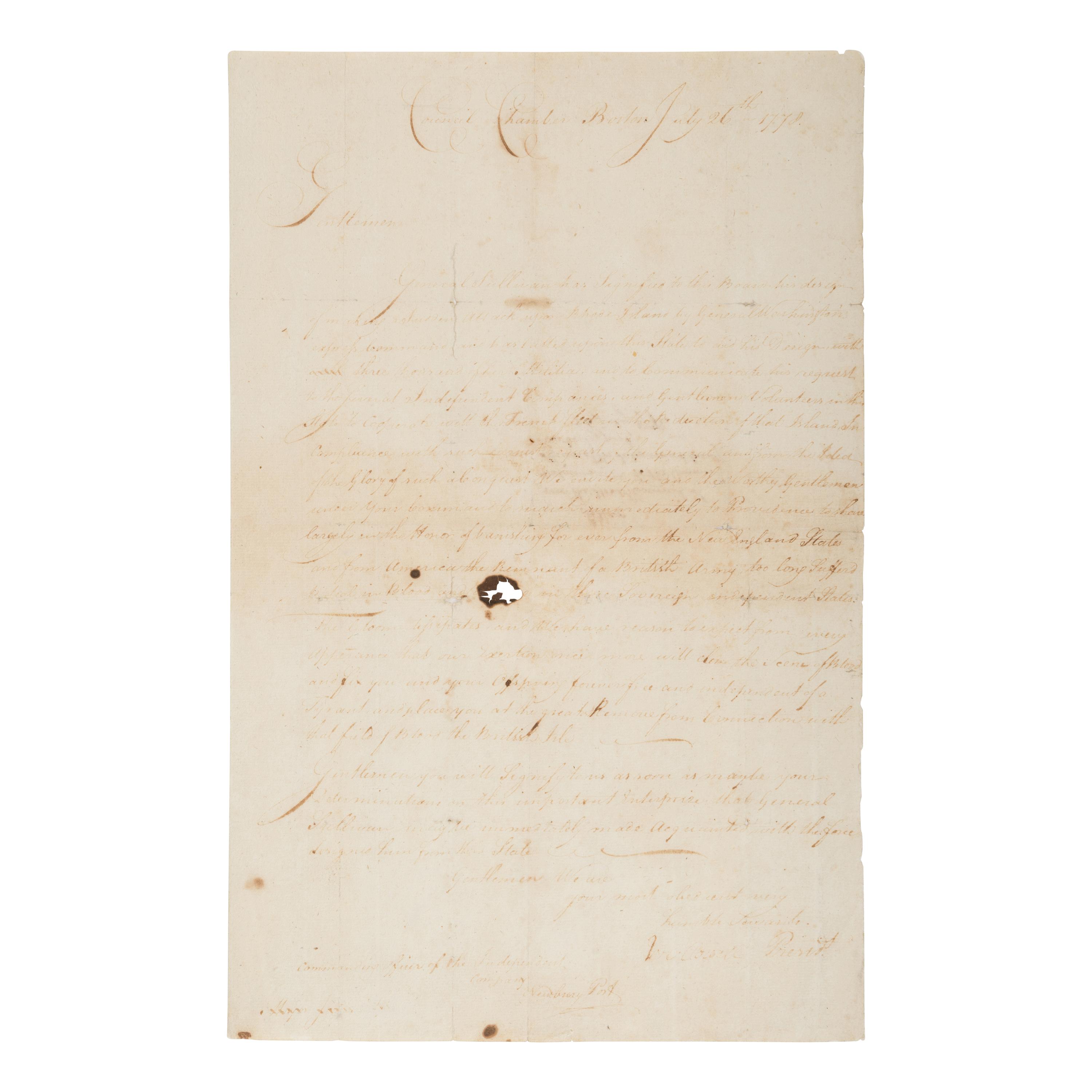 [Powell, Jeremiah (1720-1789)]. Manuscript document signed ("Jer. Powell") to the "Commanding Officer of the Independent Company, Newbury Port," Boston, 26 July 1778.