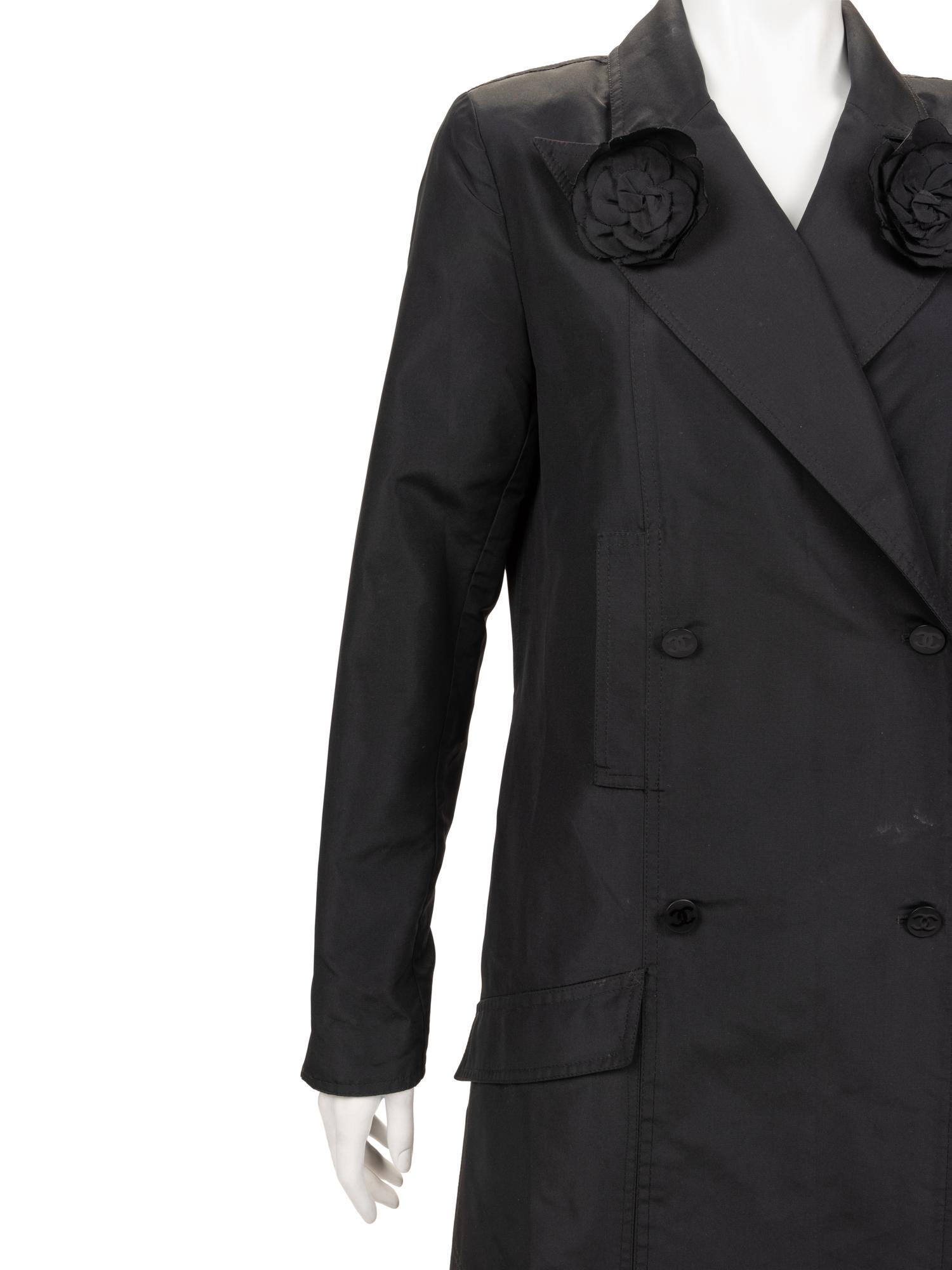 Chanel Double-Breasted Taffeta Coat with Camellia Pins