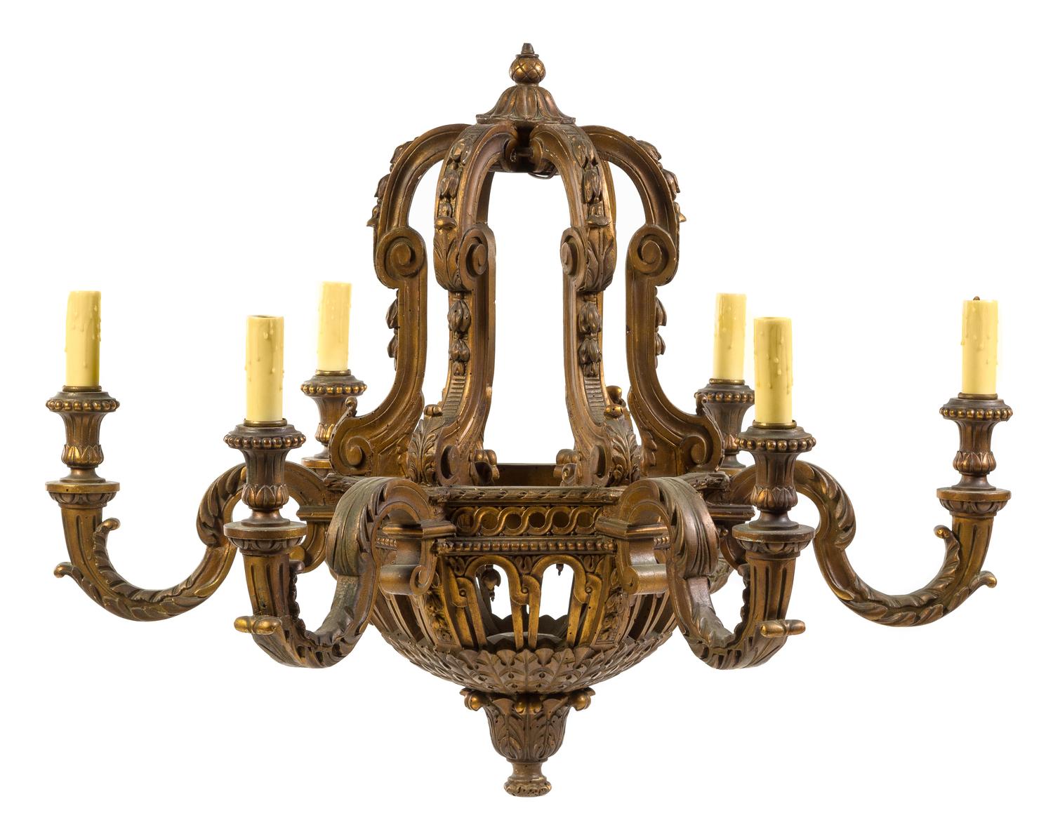 A Baroque Style Giltwood Six-Light Chandelier Height 32 x diameter 36 inches. — 20TH CENTURY