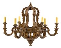 A Baroque Style Giltwood Six-Light Chandelier Height 32 x diameter 36 inches. — 20TH CENTURY