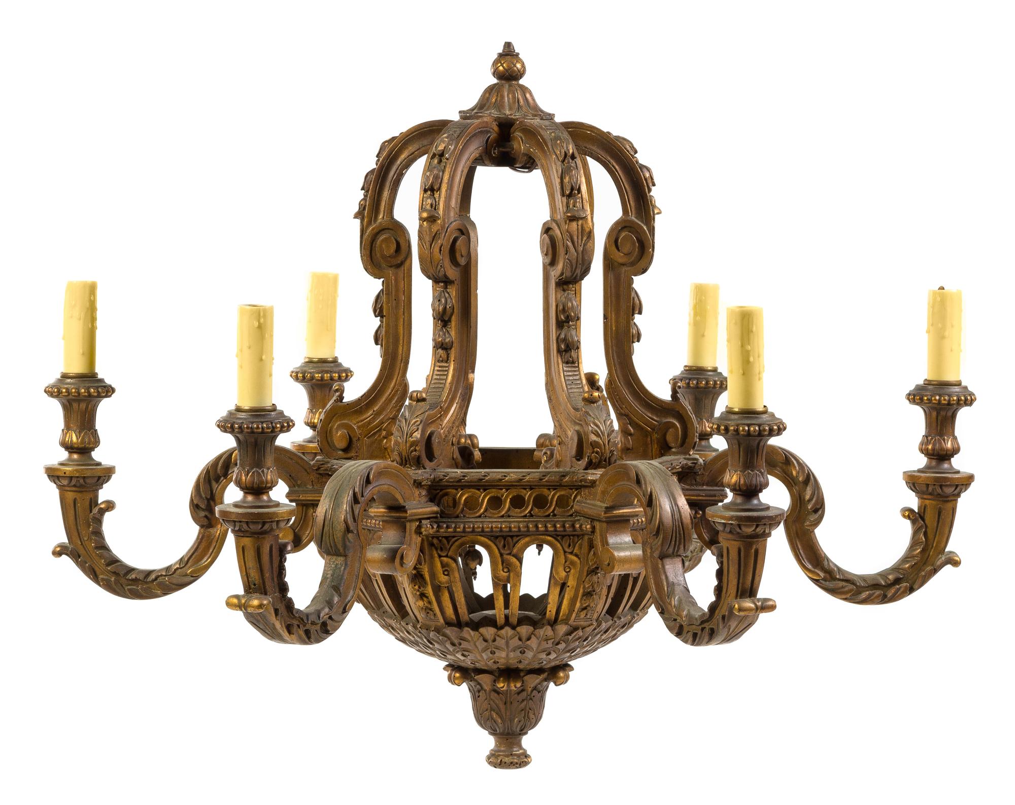 A Baroque Style Giltwood Six-Light Chandelier Height 32 x diameter 36 inches. — 20TH CENTURY