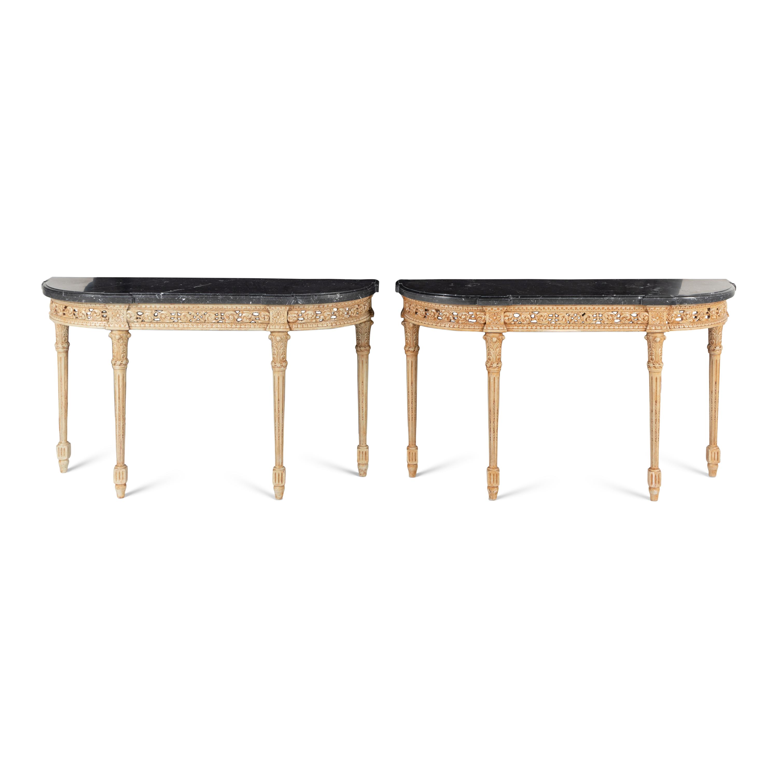 A Pair of Painted and Marble-Top Console Tables