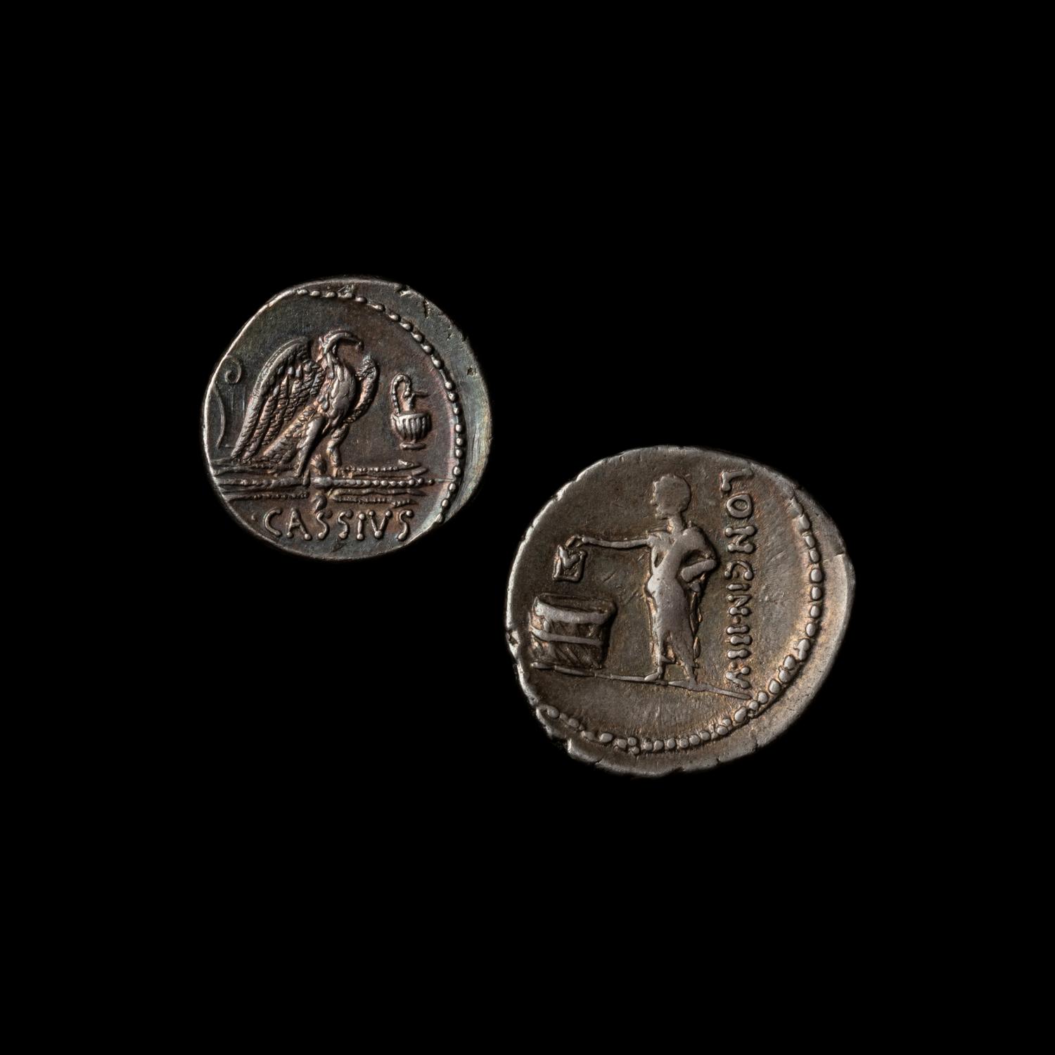[ANCIENTS] ROMAN REPUBLIC. Q. Cassius Longinus (c. 55 BC). Ar Denarii; Two Coins . one example referring to the trail of two Vestal Vrigins, the other example commemorating the passage of the Lex Cassia (4.0 g, 20mm and 4.0 g, 17 mm) .