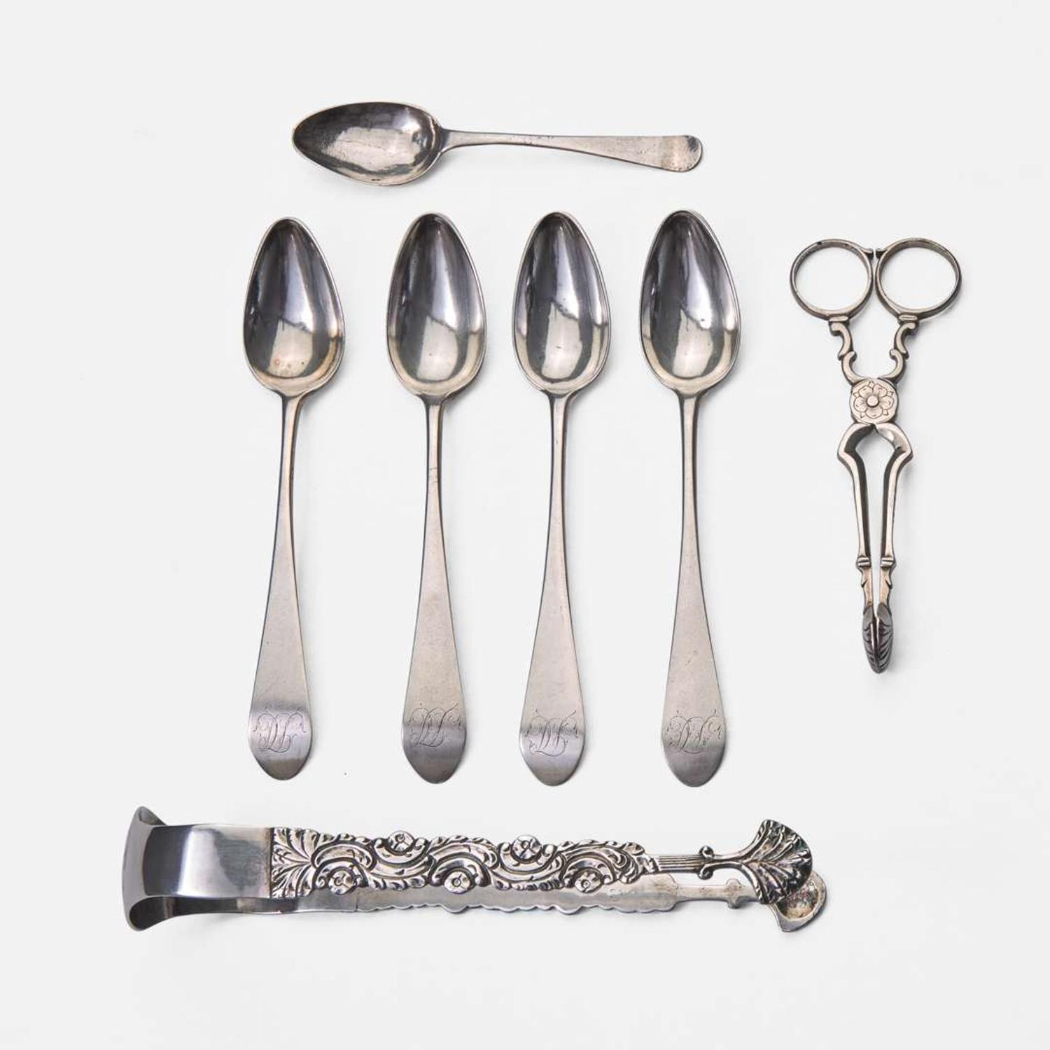 An assorted group of seven silver tablewares William Ball (1763-1815), Baltimore, MD, William Ball (1729-1810), Philadelphia, PA, and John Murdock (active 1779-1786), Philadelphia, PA, circa 1750-1760