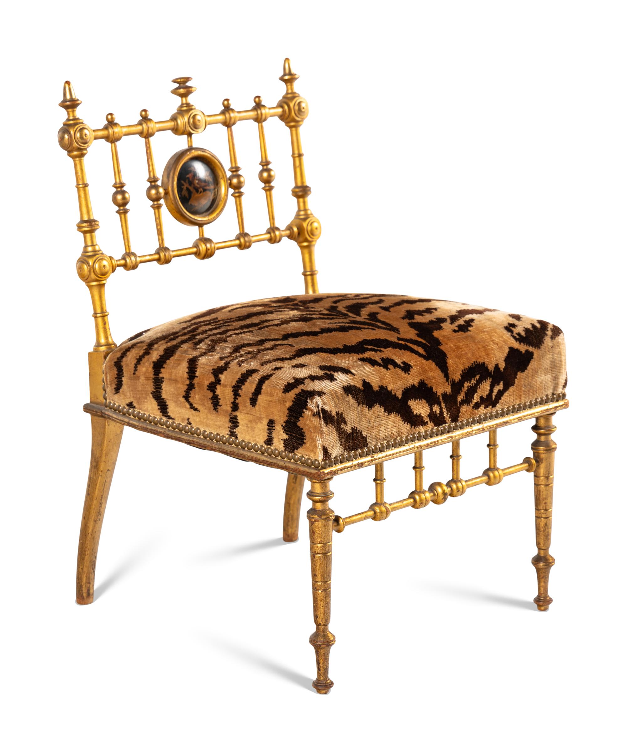 An Aesthetic Movement Giltwood Side Chair with Scalamandré Upholstery