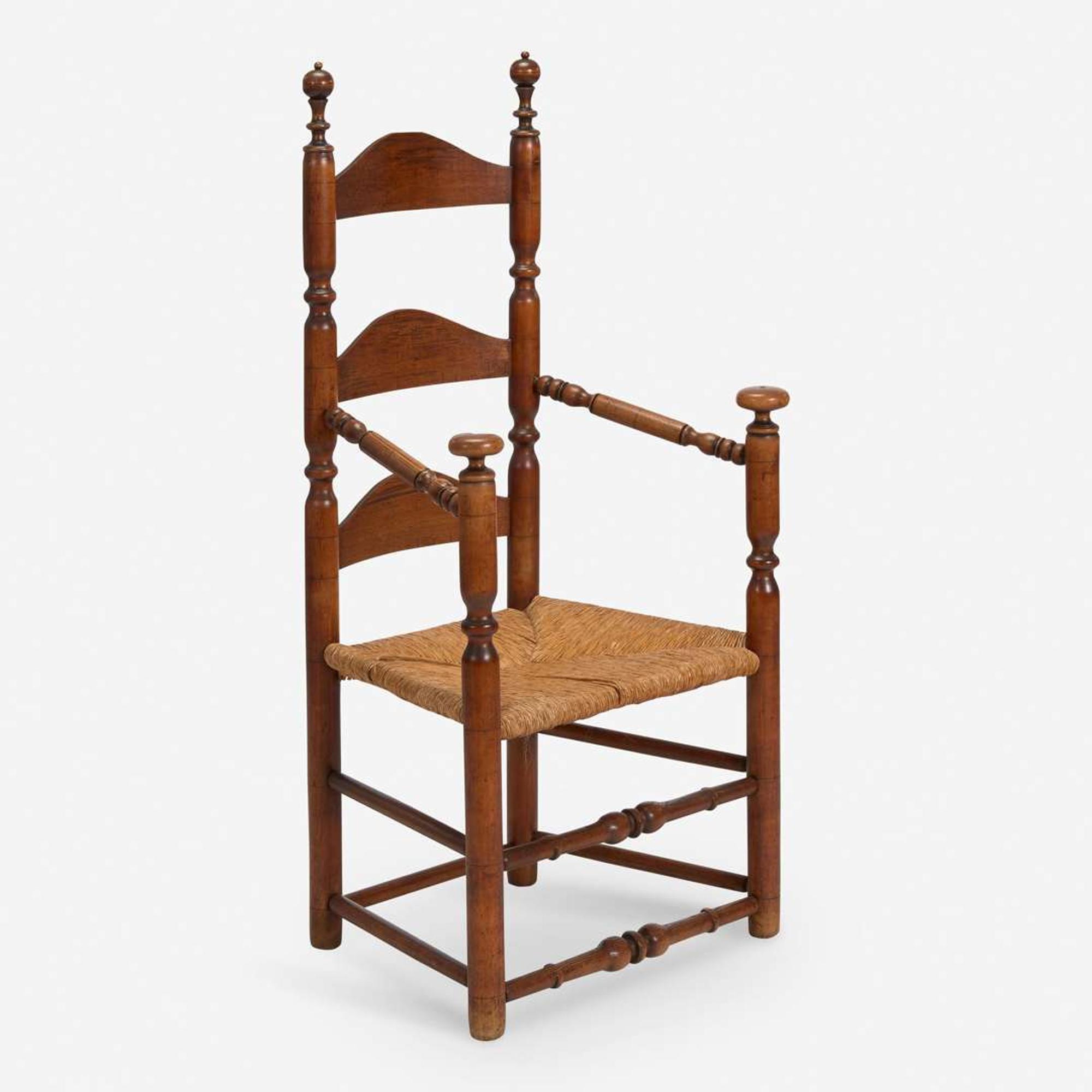 Two carved and turned maple and/or ash ladderback armchairs Wallingford, CT, and Delaware Valley, PA, early - late 18th century