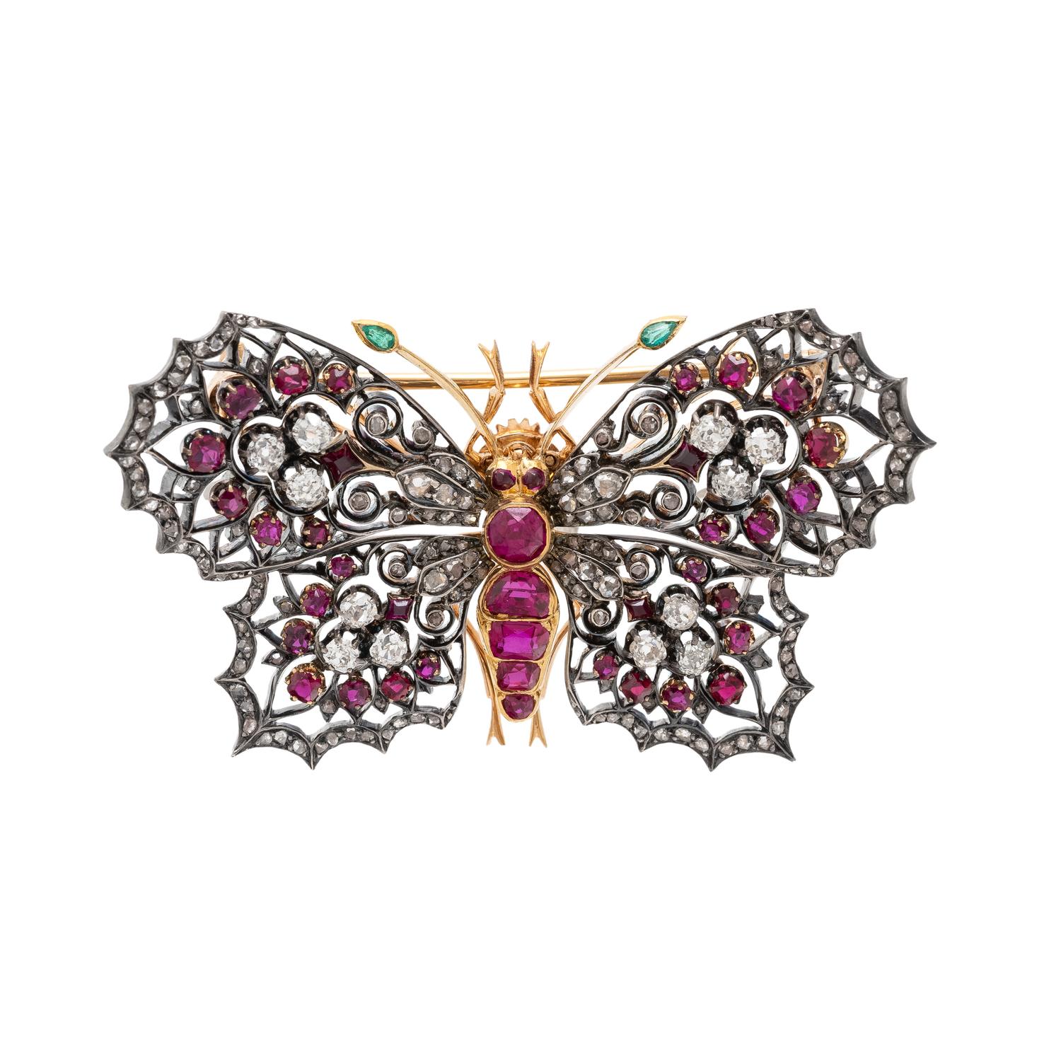 VICTORIAN, FRENCH, DIAMOND, RUBY, AND EMERALD BUTTERFLY BROOCH