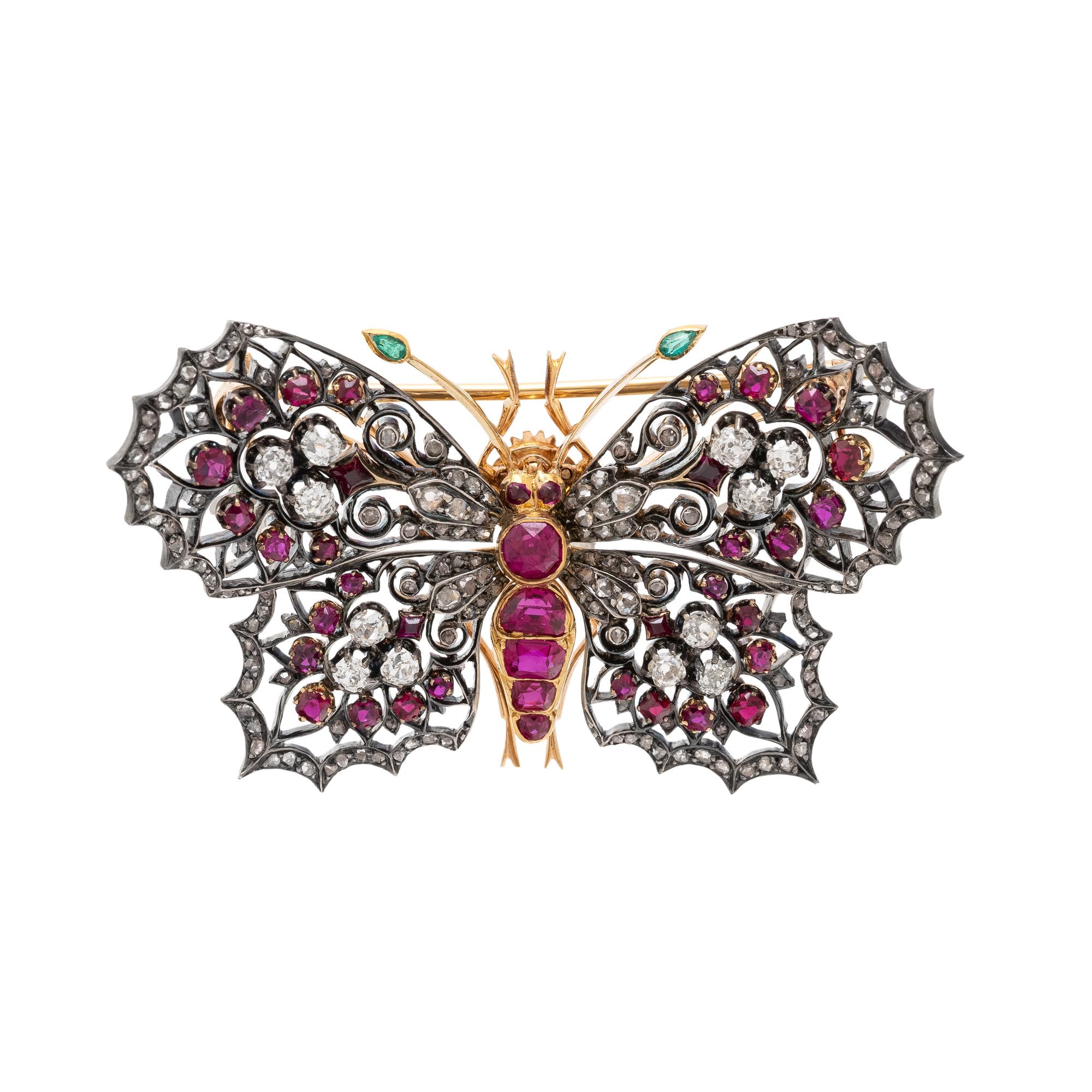 VICTORIAN, FRENCH, DIAMOND, RUBY, AND EMERALD BUTTERFLY BROOCH