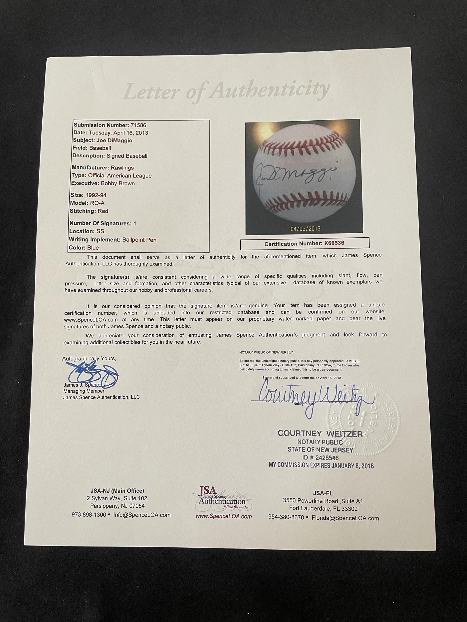A Joe DiMaggio Signed Autograph Baseball (JSA Letter)