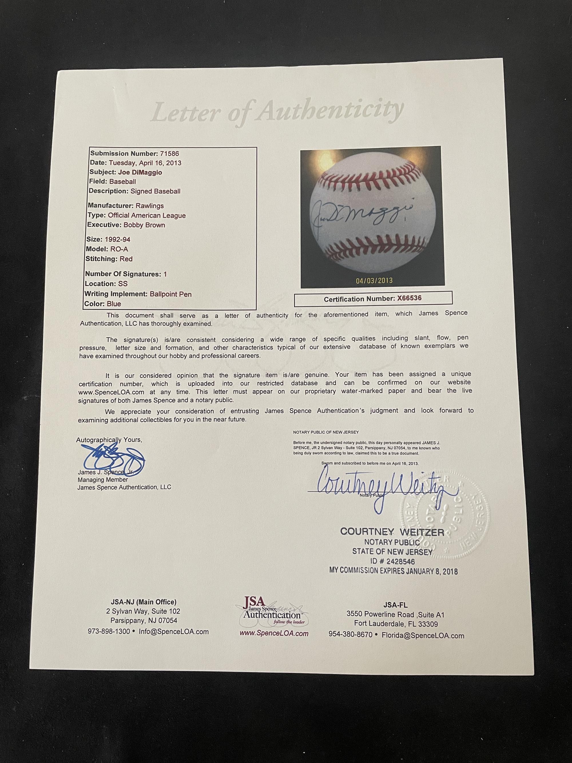 A Joe DiMaggio Signed Autograph Baseball (JSA Letter)