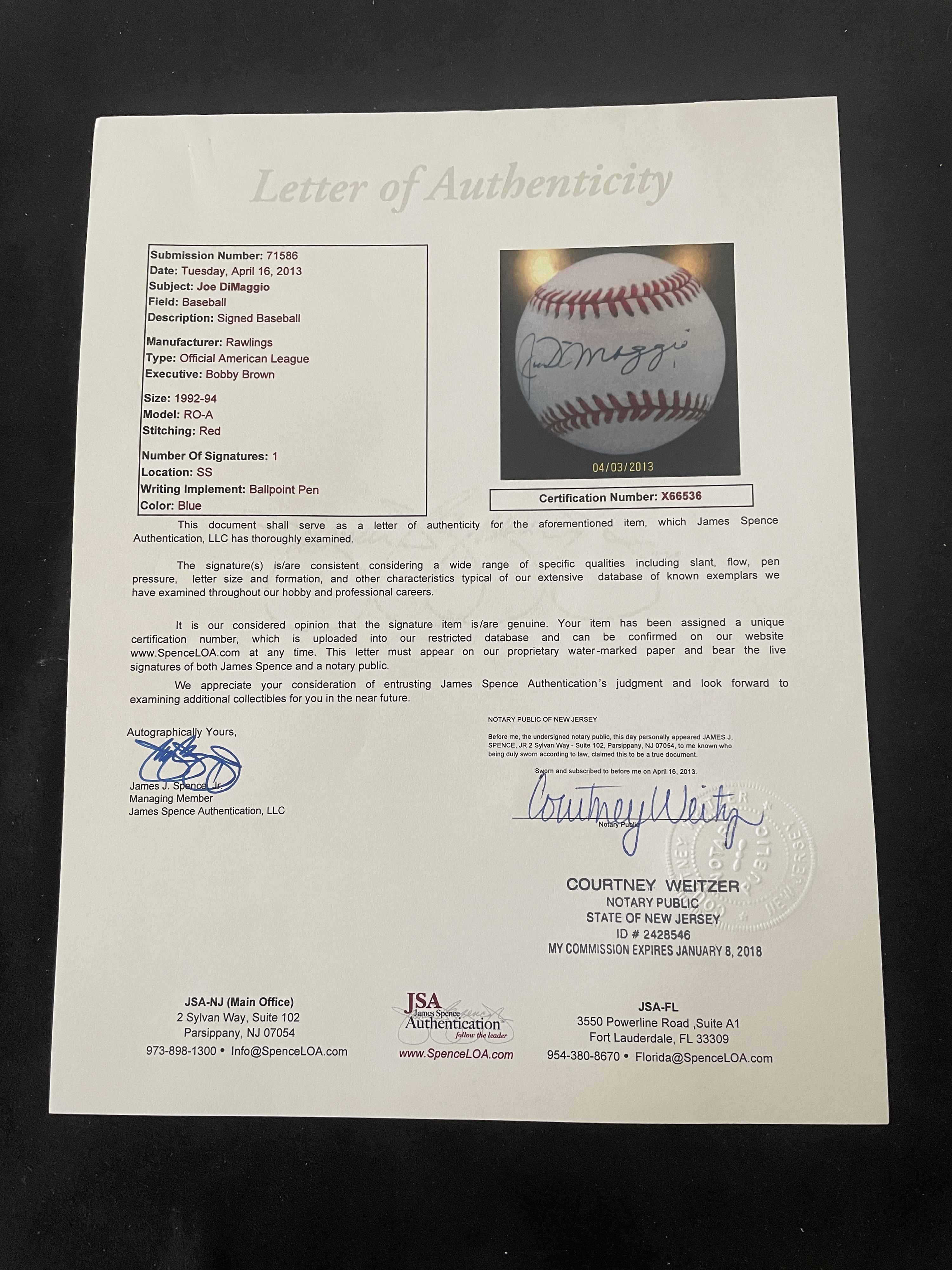 A Joe DiMaggio Signed Autograph Baseball (JSA Letter)