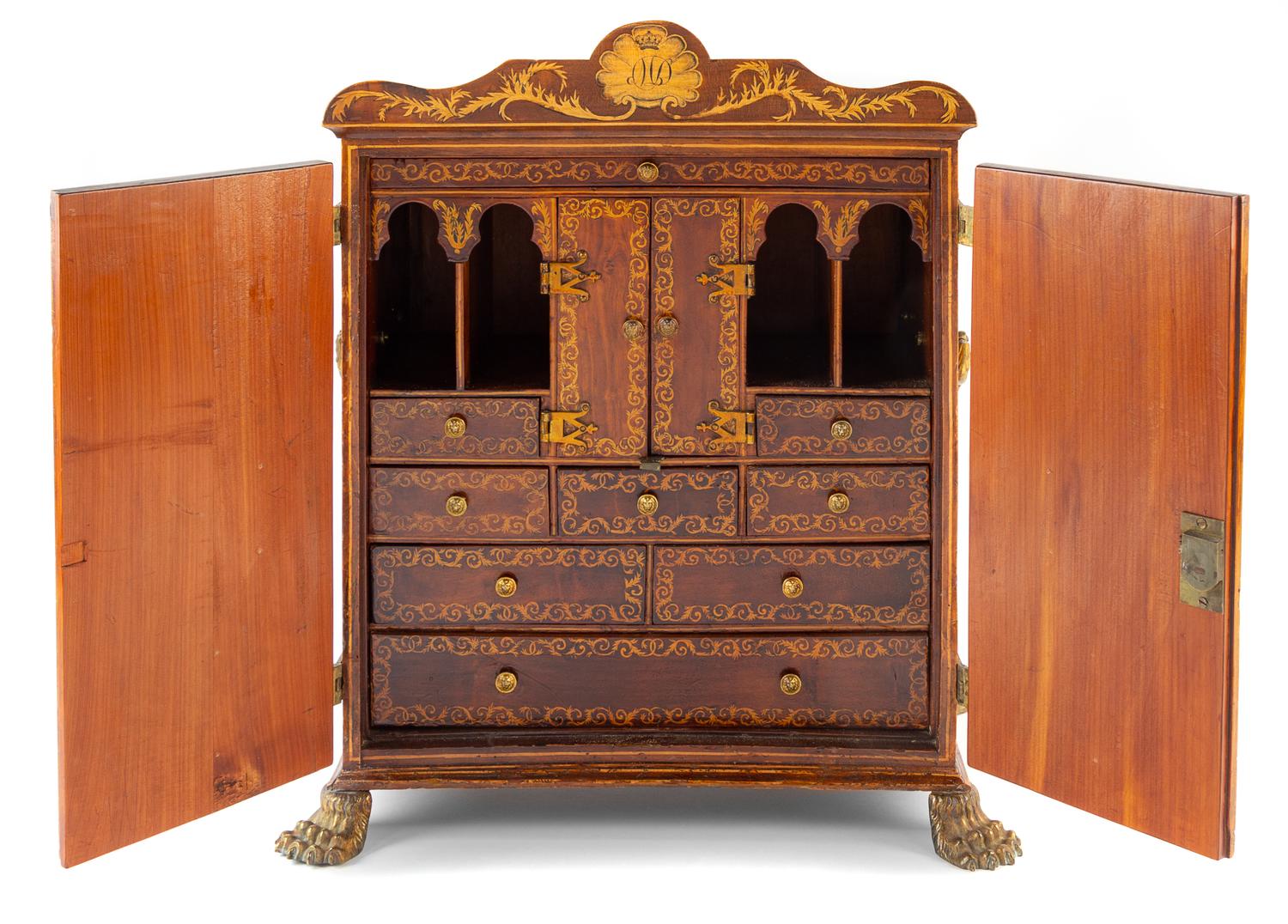 A Regency Marquetry and Mahogany Jewelry Cabinet Height 20 x width 17 3/4 x depth 11 3/4 inches. — 19TH CENTURY