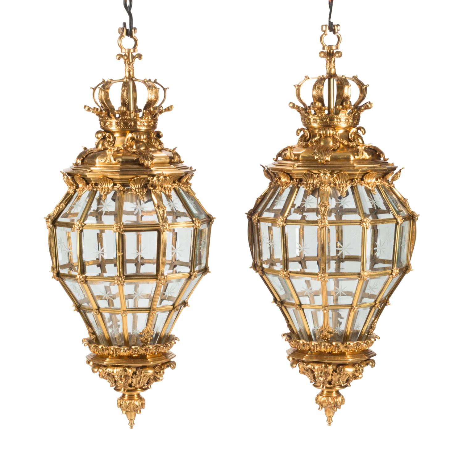 A Pair of French Neoclassical Style Gilt Bronze and Etched Glass Hall Lanterns
