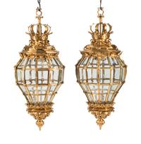 A Pair of French Neoclassical Style Gilt Bronze and Etched Glass Hall Lanterns