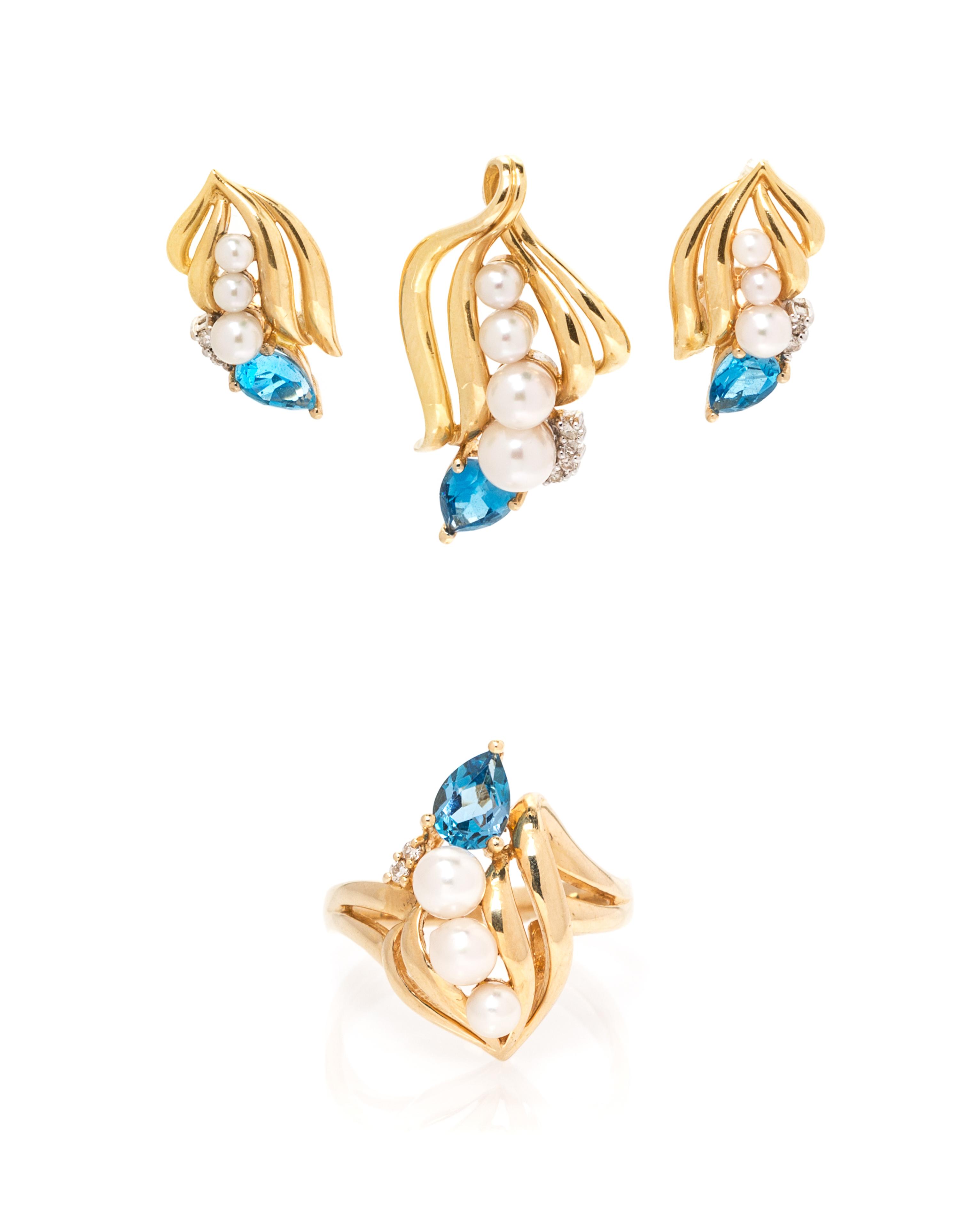 A 14 Karat Yellow Gold, Blue Topaz, Diamond and Cultured Pearl Demi Parure, 8.50 dwts.