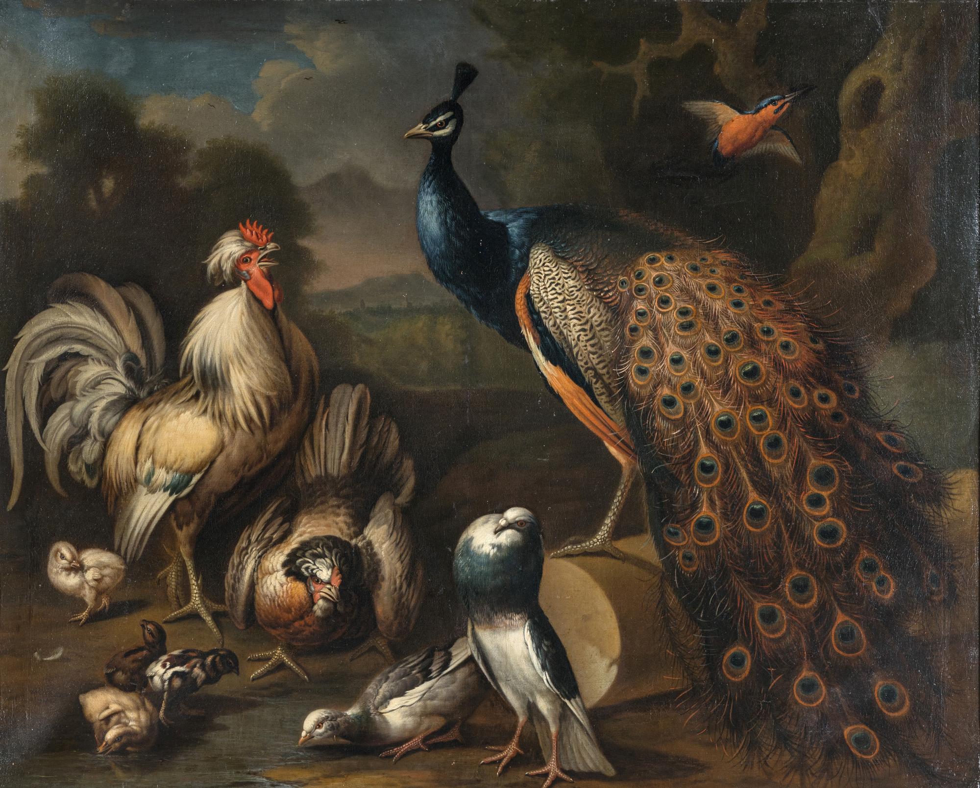 Peacock, Cockerel and Other Birds in a Landscape