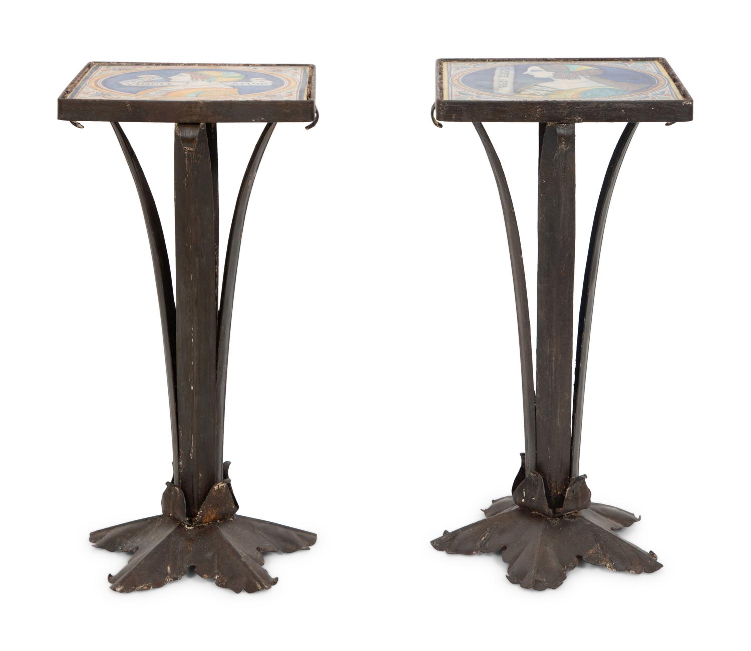 A Pair of Mizner Style Tile-Top Metal Side Tables