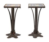 A Pair of Mizner Style Tile-Top Metal Side Tables