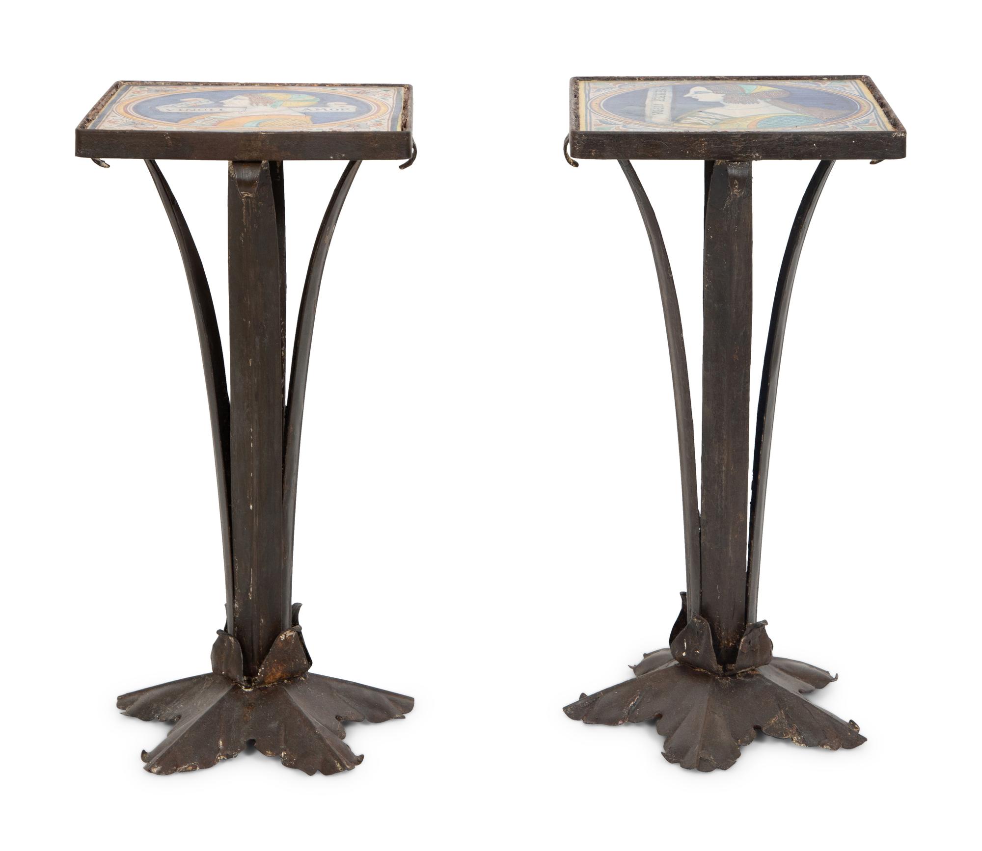 A Pair of Mizner Style Tile-Top Metal Side Tables