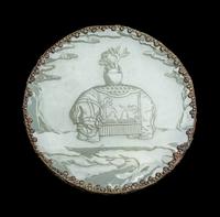 A Chinese Silvered Metal Mounted Carved White Jade 'Caparisoned Elephant' Plaque