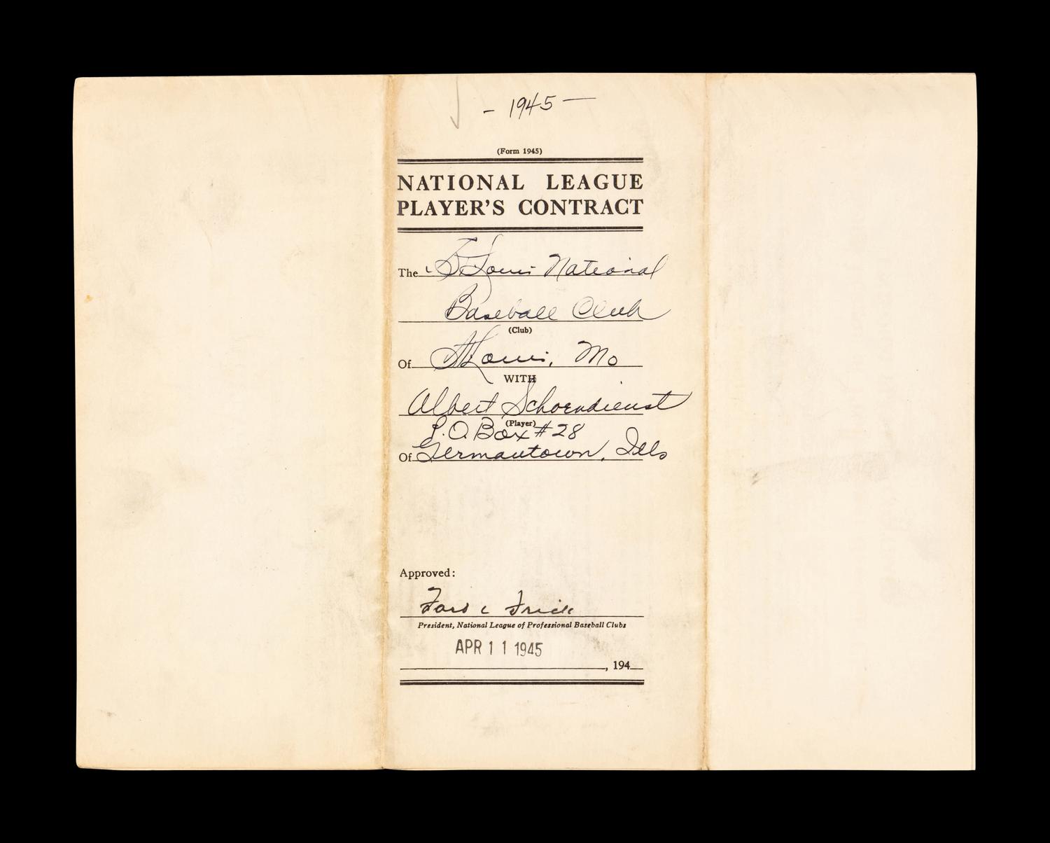 Red Schoendienst's 1945 Rookie St. Louis Cardinals Players Contract