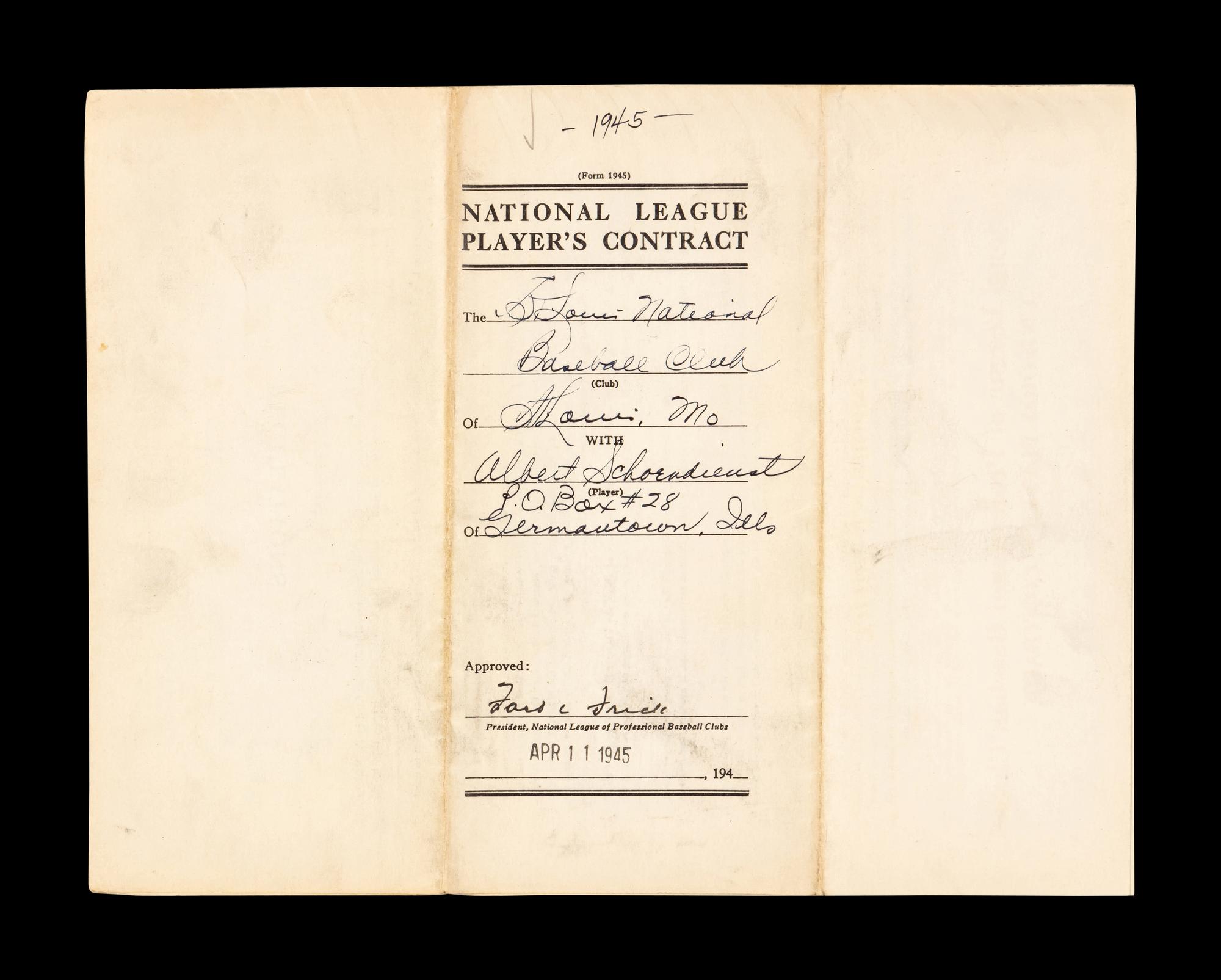 Red Schoendienst's 1945 Rookie St. Louis Cardinals Players Contract