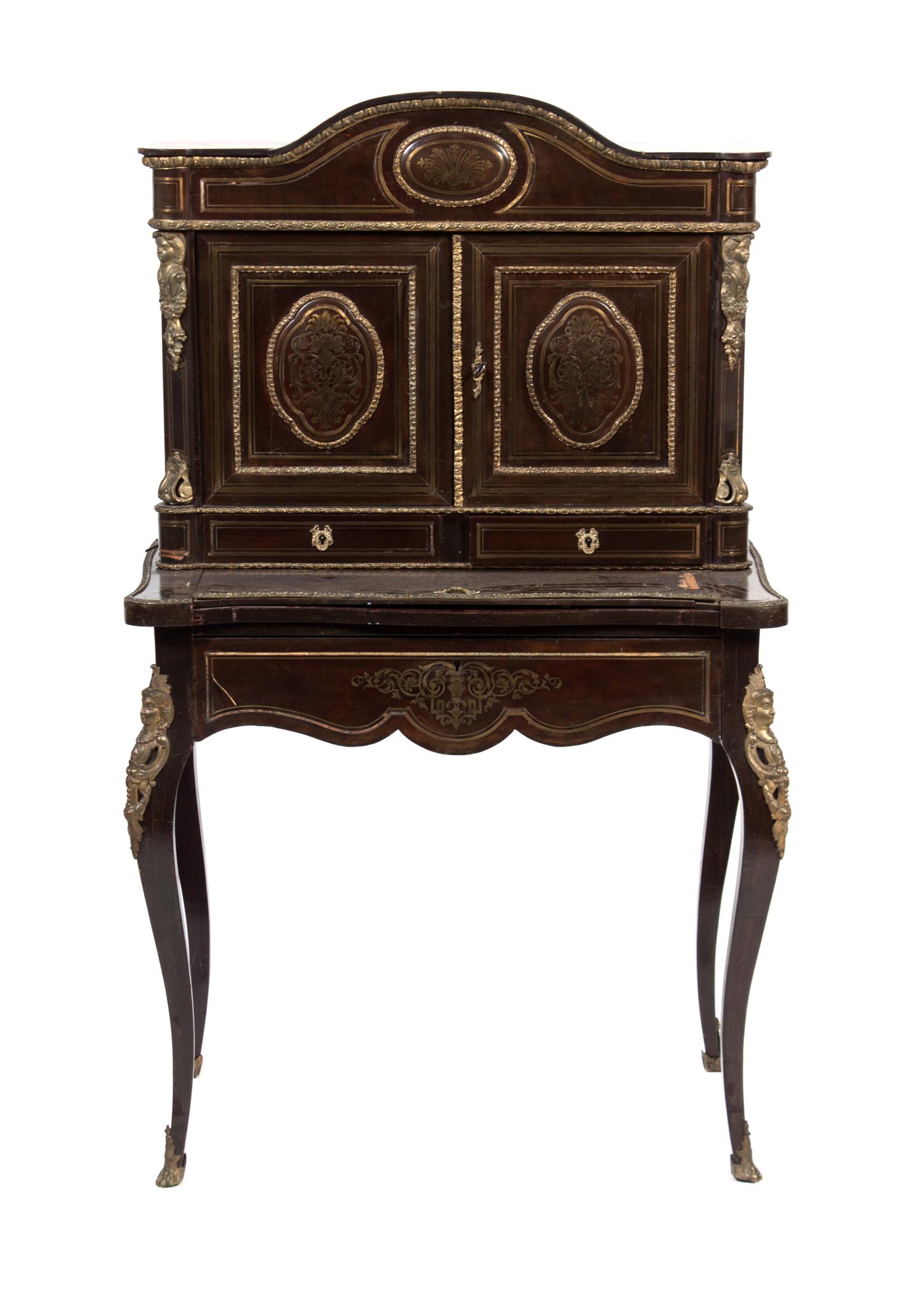 A Continental Style Gilt Metal Mounted Writing Desk Height 54 1/2 x width 32 x depth 21 1/2 inches.