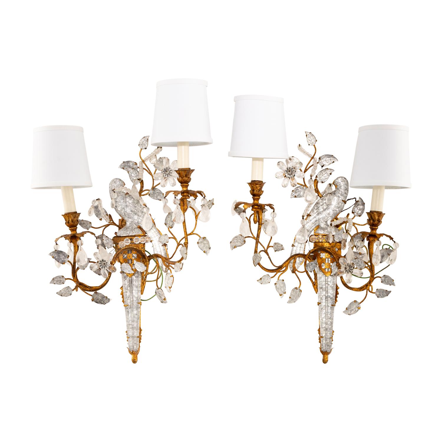 A Pair of Gilt Metal and Rock Crystal Two-Light Sconces