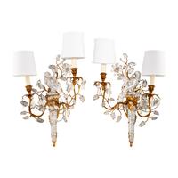 A Pair of Gilt Metal and Rock Crystal Two-Light Sconces