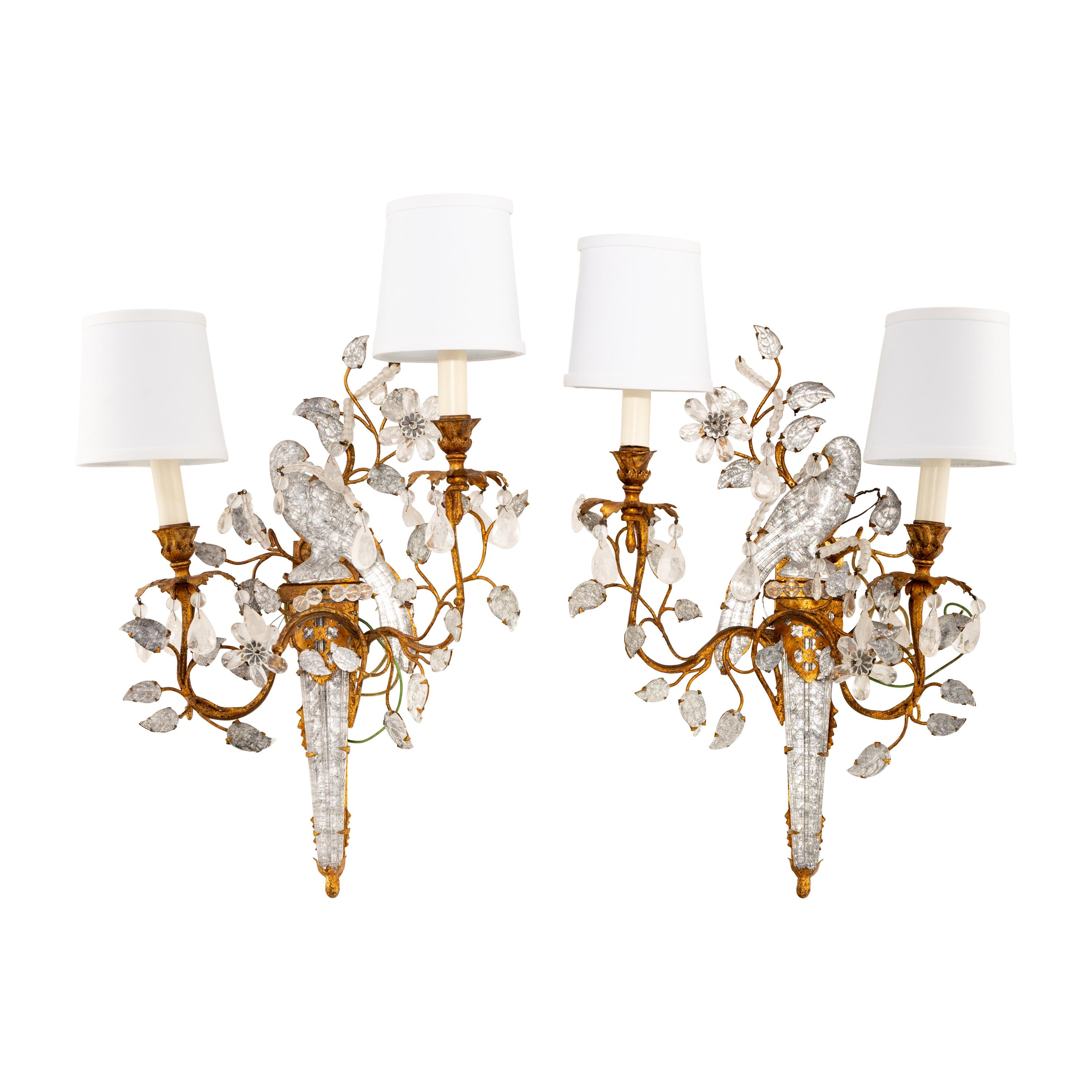 A Pair of Gilt Metal and Rock Crystal Two-Light Sconces