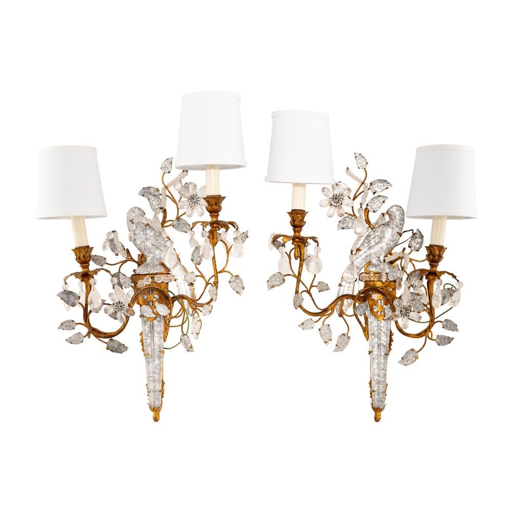 A Pair of Gilt Metal and Rock Crystal Two-Light Sconces