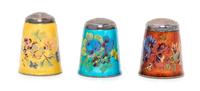Three English Silver and Enamel Thimbles, Joseph Swan & Sons, Birmingham, 1978 and later, each having a knurled top above an enamel bod