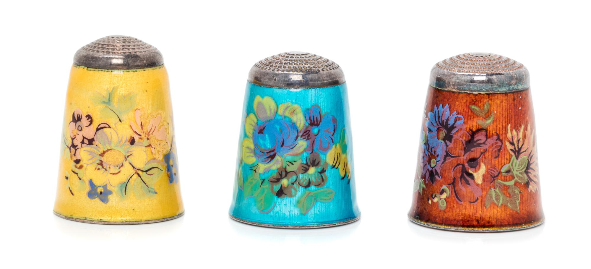 Three English Silver and Enamel Thimbles, Joseph Swan & Sons, Birmingham, 1978 and later, each having a knurled top above an enamel bod