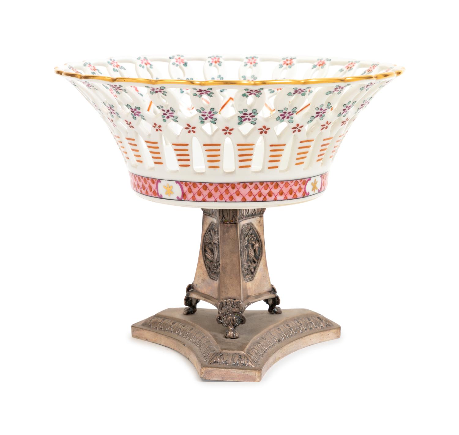 A Russian Silver Mounted Porcelain Reticulated Basket