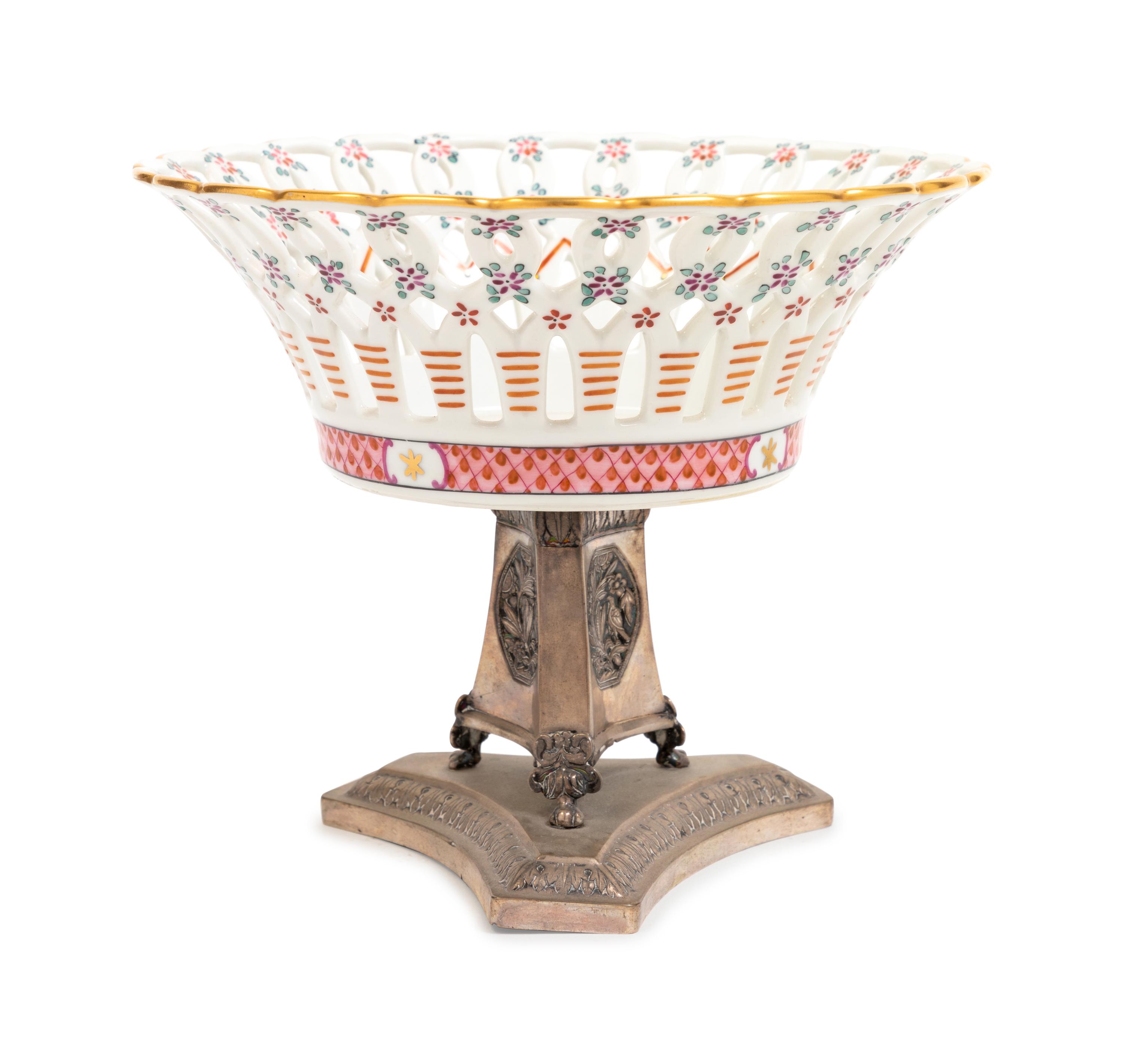 A Russian Silver Mounted Porcelain Reticulated Basket