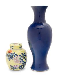 A Chinese Yellow Ground Famille Rose and Underglaze Blue Covered Ginger Jar and A Powder Blue Vase