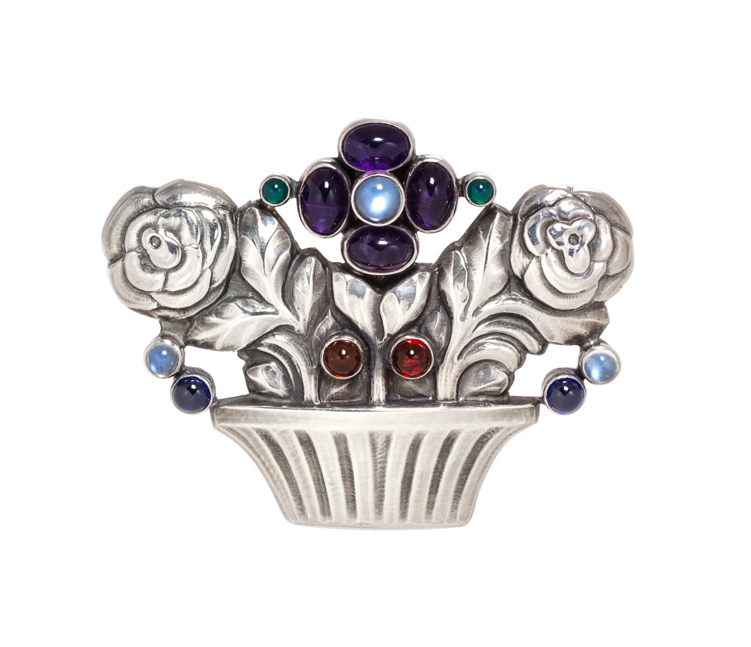 A Sterling Silver and Multigem Flower Basket Brooch, Georg Jensen, 12.80 dwts.