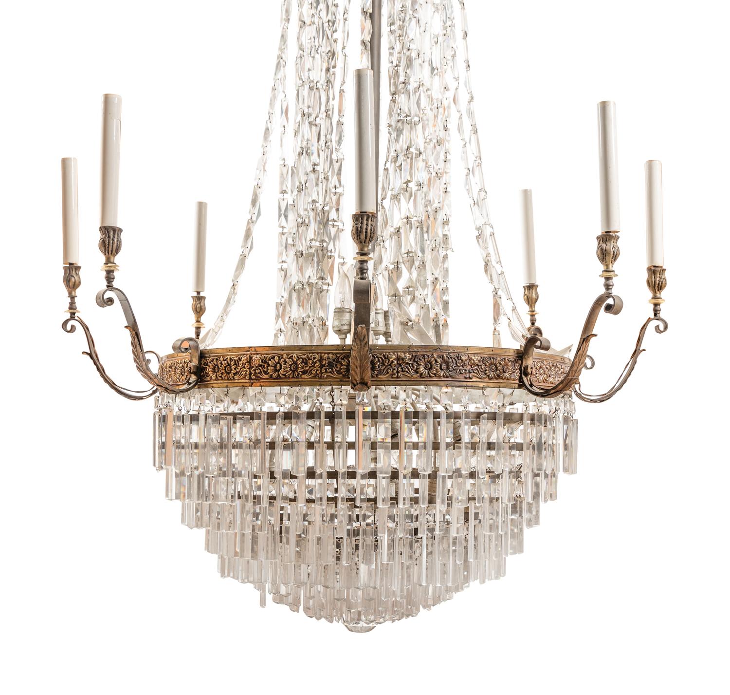 Two Large Gilt Metal and Cut Glass Chandeliers from the Embassy of Italy, Washington, D.C.