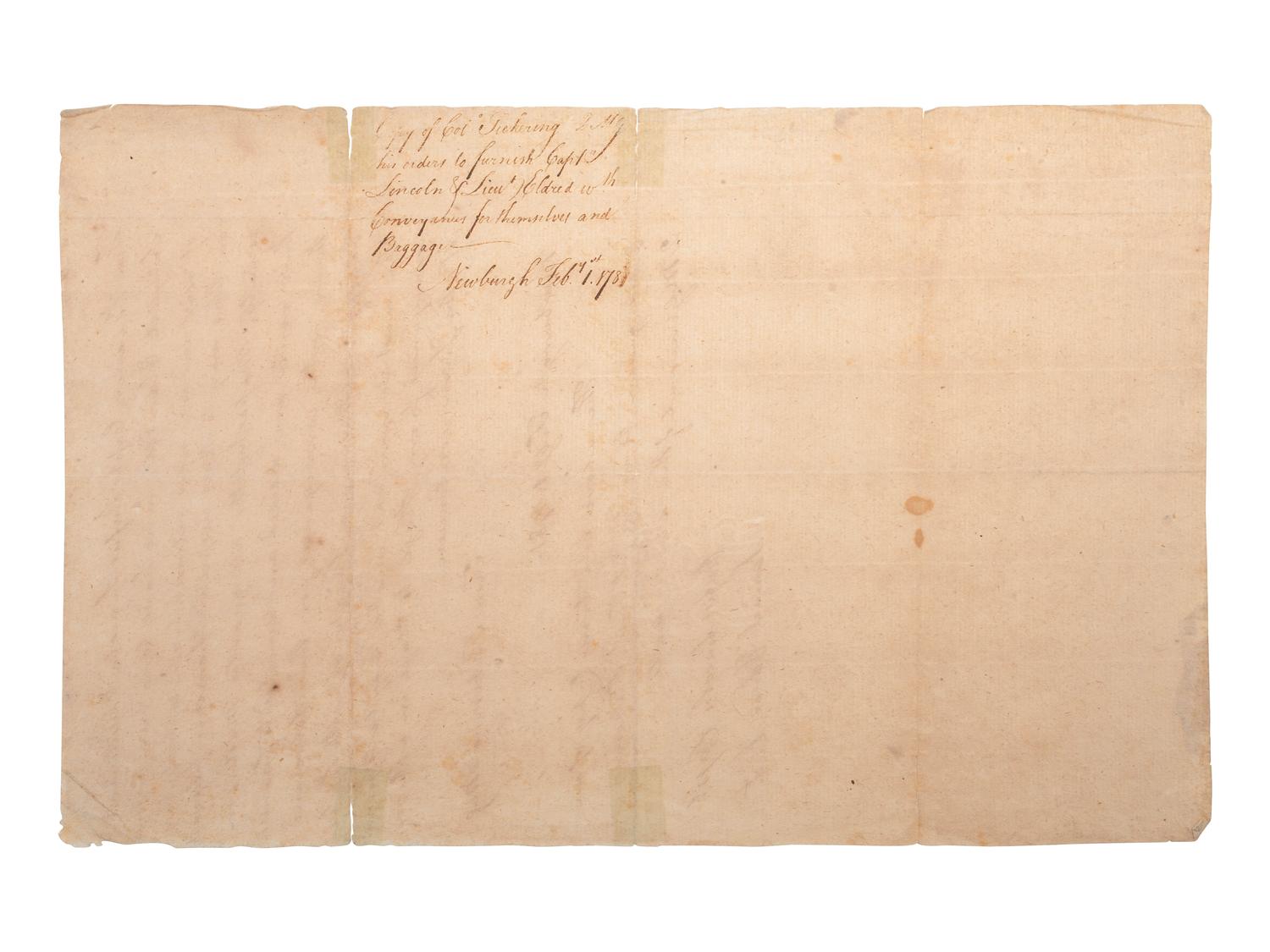 [REVOLUTIONARY WAR]. True copy of an order given by Timothy Pickering (1745-1829) as Quartermaster General. [Newburgh], [1 February 1781].