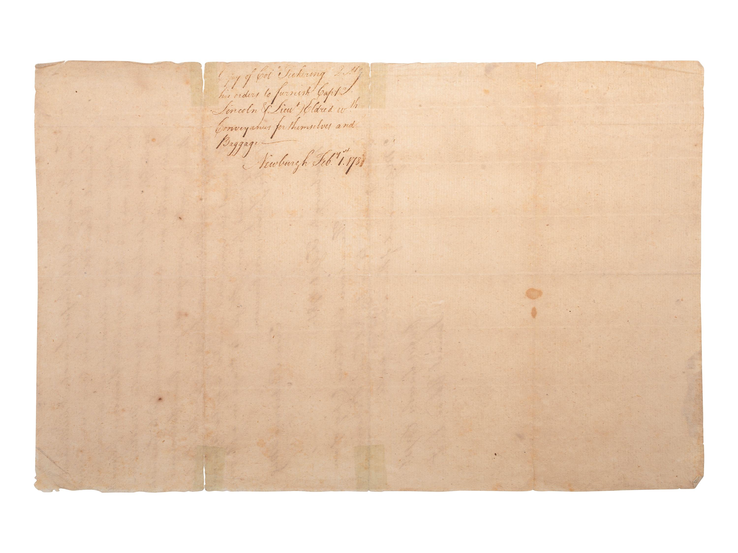 [REVOLUTIONARY WAR]. True copy of an order given by Timothy Pickering (1745-1829) as Quartermaster General. [Newburgh], [1 February 1781].