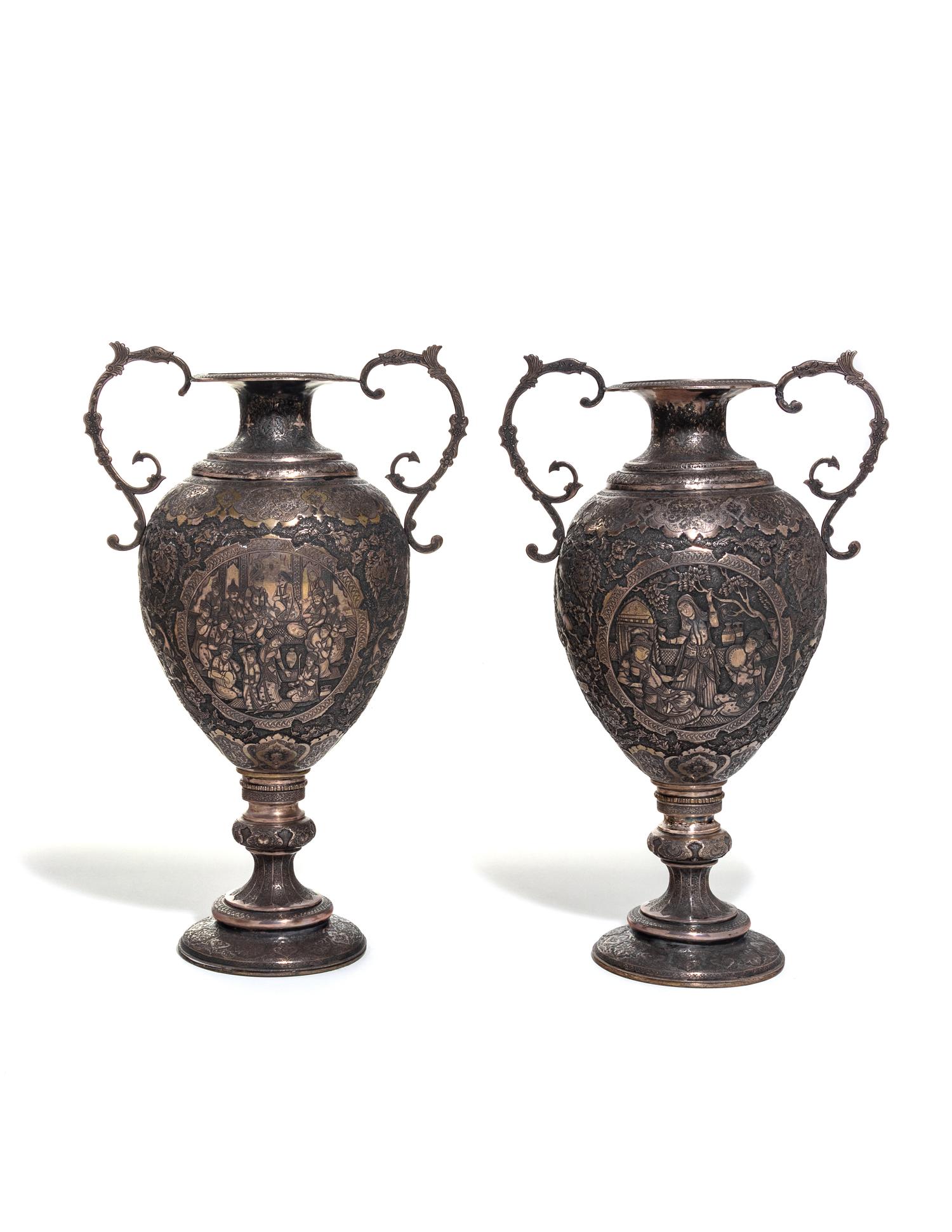 A Pair of Persian Silvered Copper Vases